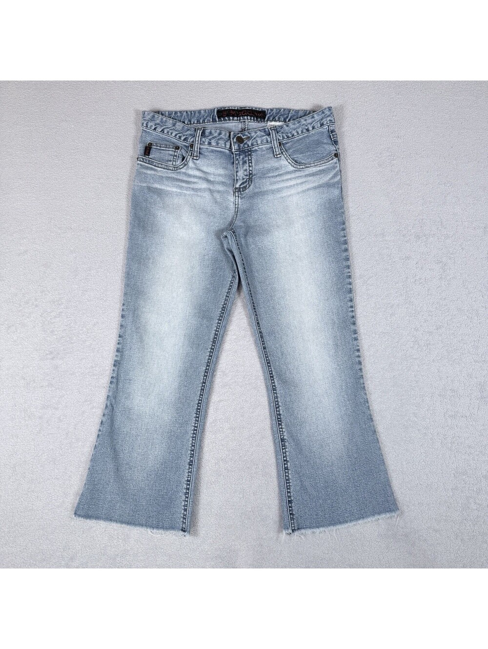 Mudd Womens Size 9 Light Wash Crop Kick Flare Jeans Raw Hem Stretch Y2K